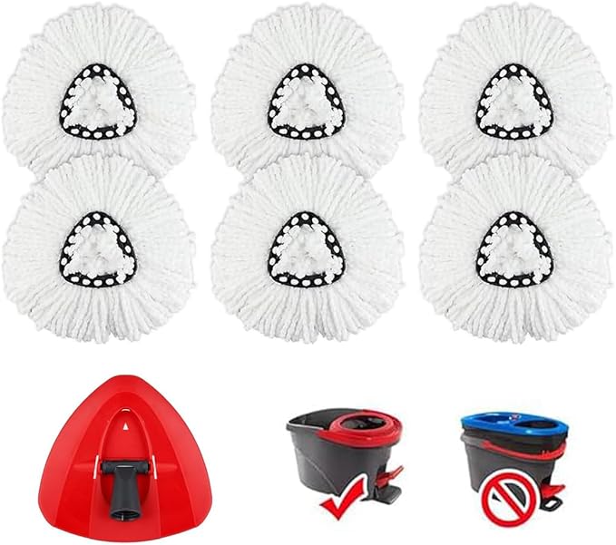 Spin Mop Head Refill for Vileda/Ocedar EasyWring Spin Mops - Rotating Microfiber Triangle Replacement Pads Washable & Reusable fit All Floor - 6 Mops Cloth and 1 Mop Base