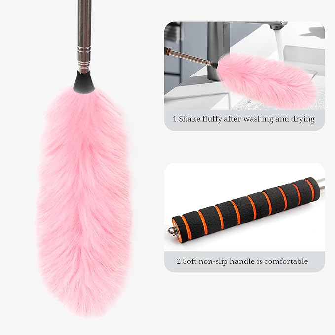 Lambs Wool Extendable Household Cleaning Duster 64" Wall Duster Cleaner with Stainless Steel Long Handle and Extension Pole for Cleaning High Ceiling Fan Interior Roof, Pink