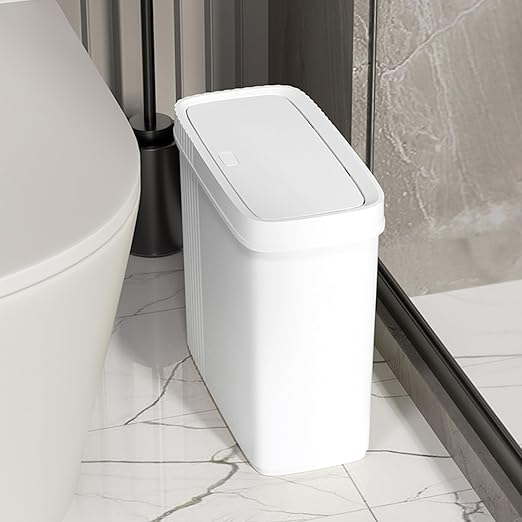 UUJOLY Small Bathroom Trash Can with Lid Slim Wastebasket Garbage Can Plastic Container Basket Trash Bin for Kitchen, Laundry Room, Office, Kids Room, Dorm, White, 2.4 Gallon