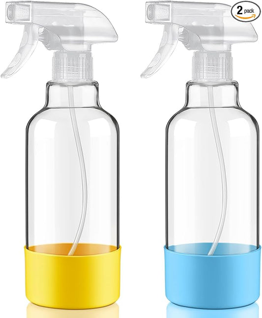 Glass Spray Bottles with Silicone Sleeve 16.9oz 2 Pack Empty Spray Bottle for Hair Mist/Stream Spraying for Cleaning Solutions, Plants, Essential Oils (clear-sblue&yellow)