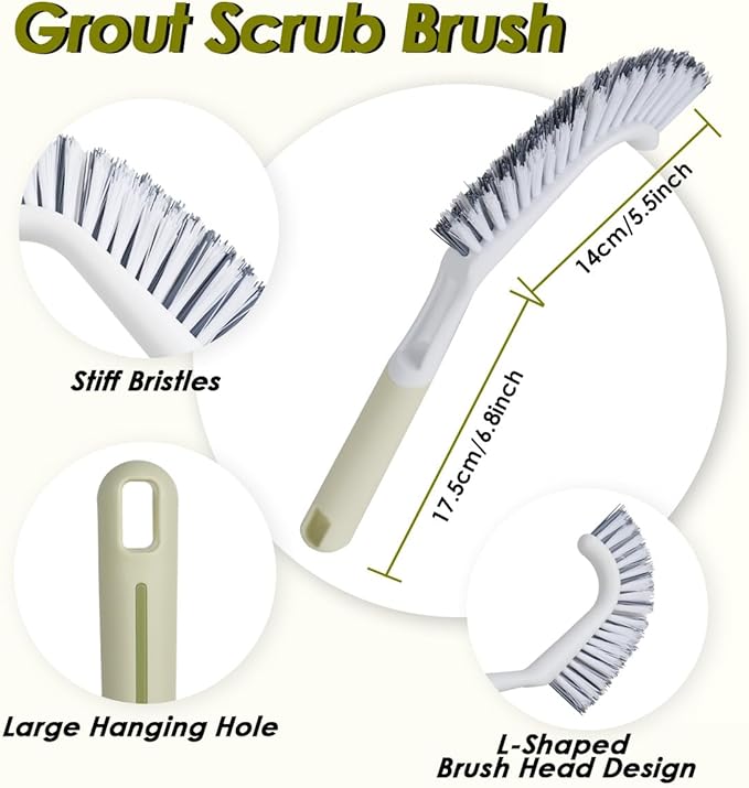 Heavy Duty Scrub Brush with Long Handle, Grout Cleaner Brush, Stiff Bristles Scrub Brushes for Cleaning Bathtub, Bathroom, Shower, Tile, Carpet, Kitchen, Sink (Green)