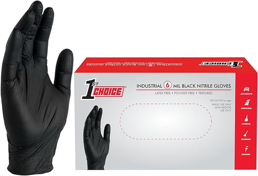 1st Choice Black Nitrile Gloves, Disposable, Latex-Free, 6 Mil, Textured, Industrial, for Mechanics, Cleaning, Automotive Use
