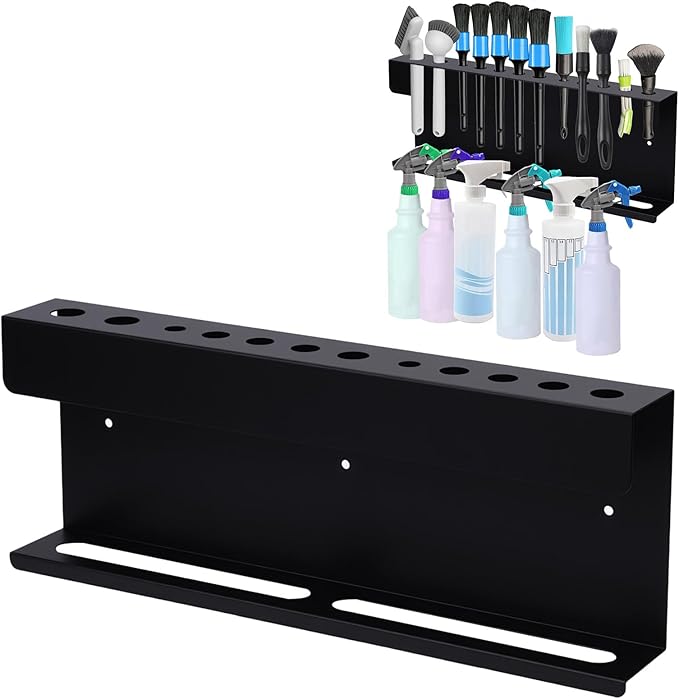 Wall Mounted Spray Bottle Holder and Detailing Brush Rack, Car Detailing Organizer with 12 Brush Slots and 2 Spray Bottle Holders, Garage Wall Organizer Tool Storage Rack for Auto Detailing