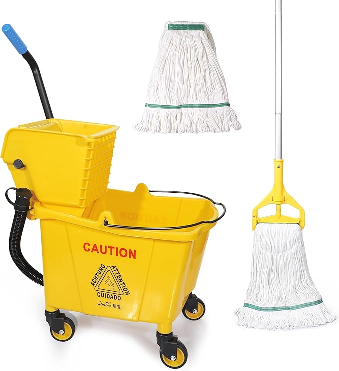 35Qt Commercial Mop Bucket with Side Wringer,Including 1* Commercial Loop-end Mop and 1* Mop Head Replacement