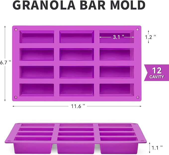 12-Cavity Silicone Granola Bar Molds, 2 Pcs Candy Bar Molds Rectangle Protein Bar Mold for Baking Chocolate Bar, Cereal Bar, Cheesecake, Brownies