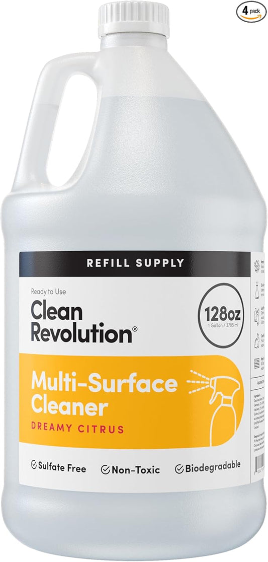 Clean Revolution Multi Surface Cleaner Refill Supply, Non-Toxic, Eco-Friendly & Plant-Based, Ready to Use, Dreamy Citrus, 128 Fl Oz (Pack of 4)