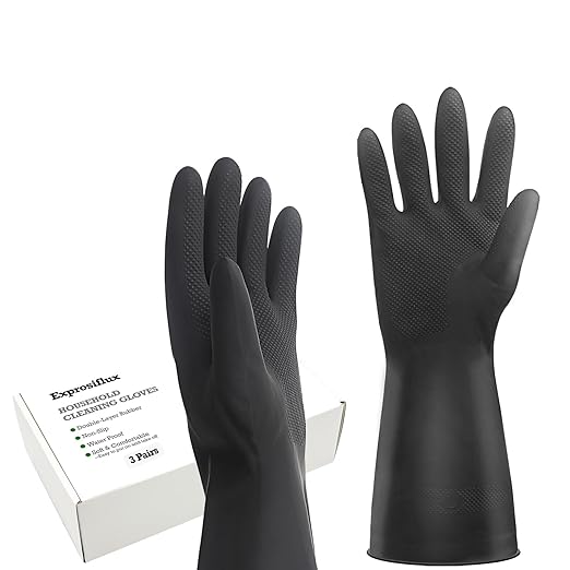 Heavy-Duty Thick Rubber Cleaning Gloves - 3 Pairs of Extra-Large Black Reusable Waterproof Non-Slip Gloves for Dishwashing and Kitchen Cleaning