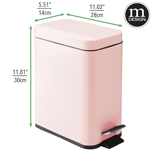 mDesign Small Modern 1.3 Gallon Rectangle Metal Lidded Step Trash Can, Compact Garbage Bin with Removable Liner Bucket and Handle for Bathroom, Kitchen, Craft Room, Office, Garage - Light Pink
