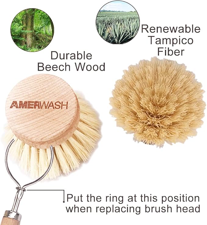 Classic Dish Brush Replacement Head 3 Packs, Natural Bristle Tampico Fiber for All Purpose Cleaning, Kitchen Scrubber