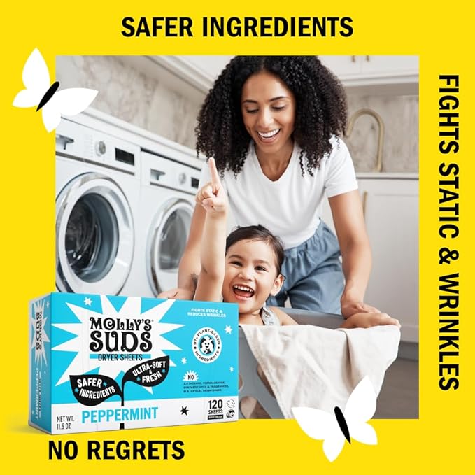 Molly's Suds Fabric Softener Dryer Sheets for Sensitive Skin | Plant-Based Static Reducer, Plastic-Free Packaging | Peppermint (120 Sheets)