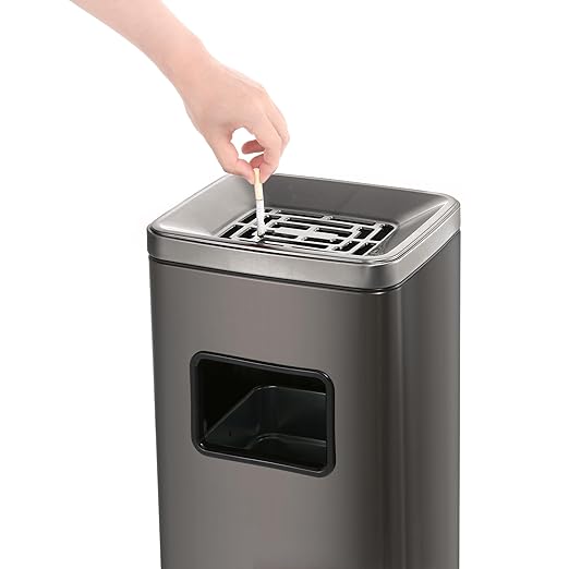 BEAMNOVA Trash Can Indoor Outdoor Stainless Steel Commercial Garbage Can Brushed Industrial Garbage Enclosure Inside Cabinet with Lid Waste Container, Metallic Black, 11.8 * 9.8 * 26.8 in