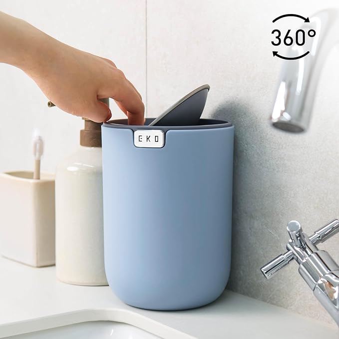EKO Mini Desk Trash Can with Swing-Top Lid 0.4 Gallon Small Table Round Wastebasket for Office, Home, Car (Blue)