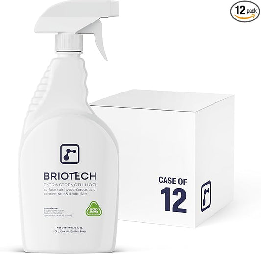 BRIOTECH Extra Strength HOCl Cleaner, 500 PPM Hypochlorous Acid Concentrate, ULV Foggers & Humidifiers, Professional Deodorizer for Dental, Offices, Schools, Homes, Peroxide Free, 32 fl oz (12 Pack)