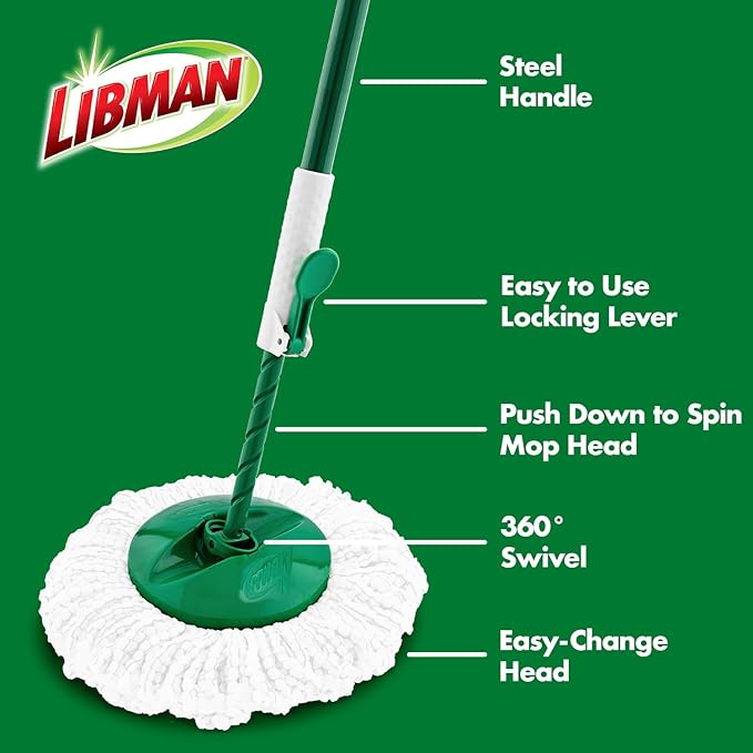 Libman Tornado Spin Mop System with 2 Refill Heads, Microfiber Spinning Mop and Bucket with Wringer Set for Home, Floor Cleaning of Hard-Wood, Laminate, Tile, All Surface Cleaner, 3 Total Mop Heads