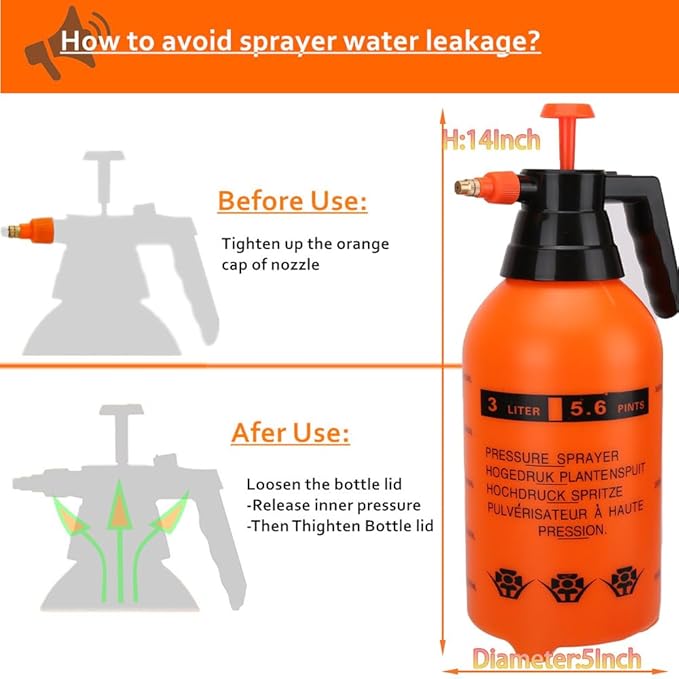 3L Garden Pump Sprayer 2Pack Hand-held Pressure Water Spray Bottle with Adjustable Brass Nozzle, Hand Pump Sprayer for Plants and Other Cleaning Solutions (Orange)