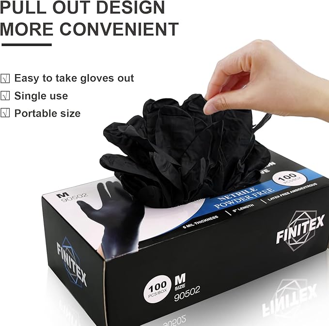 FINITEX Black Nitrile Disposable Medical Exam Gloves - 100/1000 PCS 6.3mil Gloves Powder-Free Latex-Free Food Gloves