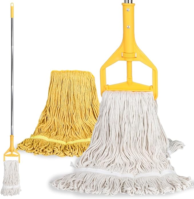 Heavy Duty Commercial Wet String Mop with 2 Reusable Heads,Long Handle Industrial Cotton Mop for Floor Cleaning,Restaurant,Home,Garage,Office,Warehouse