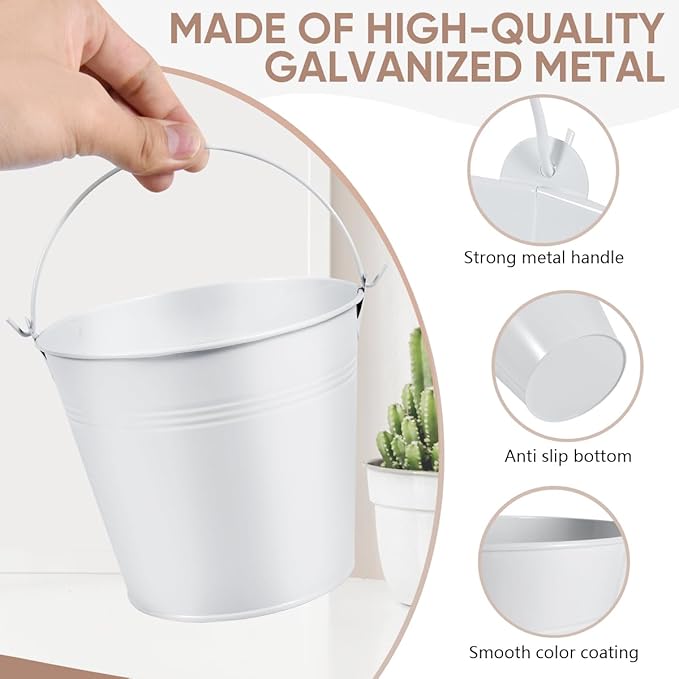 OBTANIM 7 Pack White Metal Buckets with Handle Galvanized Ice Pails for Plants, Succulents, Party Favors Organizing, Rustic Home Decor or Classrooms Pencil Storage (5.1 x 3.6 inch)