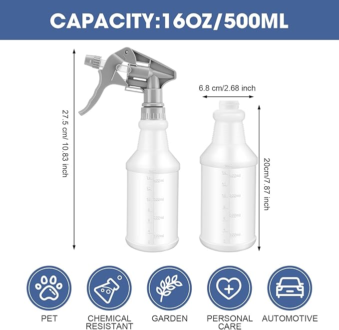 10 Pack Spray Bottles 16 oz Empty Water Spray Bottles for Cleaning Heavy Duty Refillable Squirt ‌container with Measurements Adjustable Nozzle for Household(Gray)