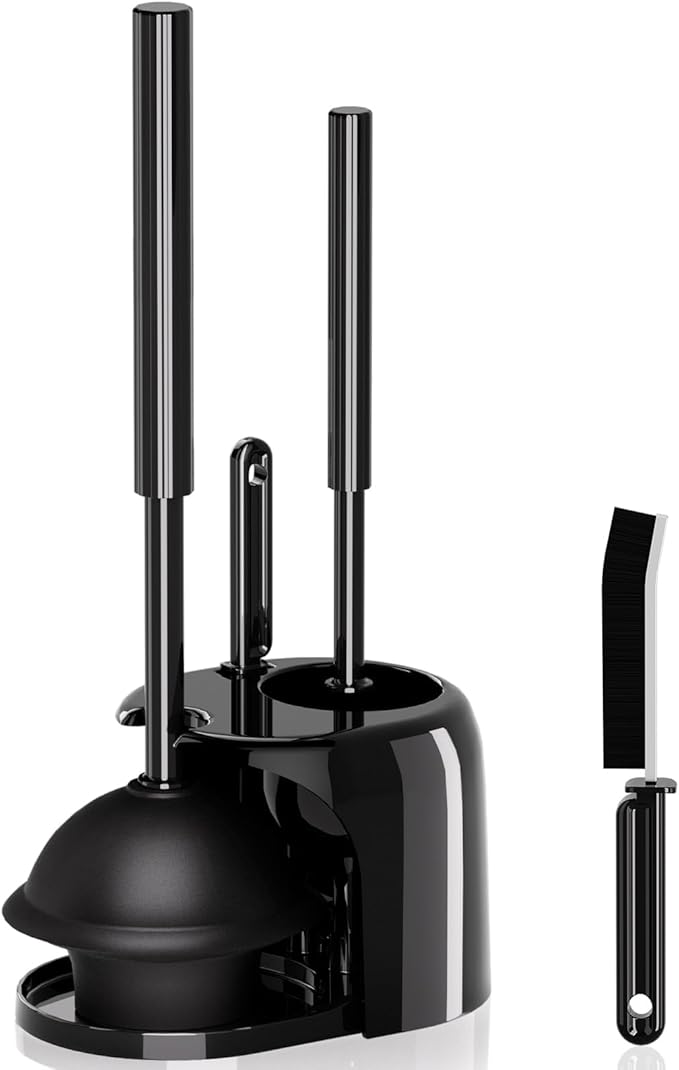 3 in 1 Toilet Brush and Plunger Set with Crevice Cleaning Brush, Toilet Plunger and Brush Set with Extra Long Handle, Plungers for Bathroom Accessories, Toilet Plunger Abrasive Spiral Brushes, Black