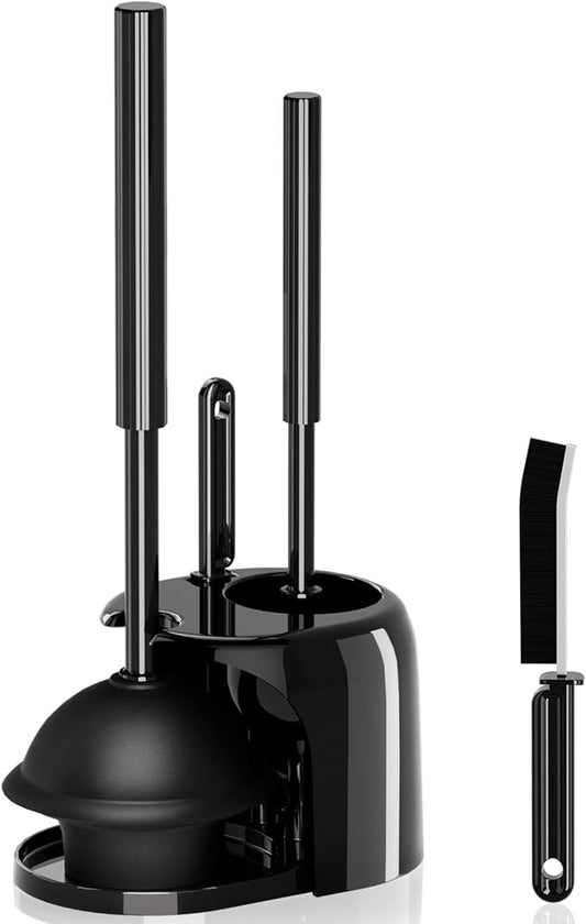 3 in 1 Toilet Brush and Plunger Set with Crevice Cleaning Brush, Toilet Plunger and Brush Set with Extra Long Handle, Plungers for Bathroom Accessories, Toilet Plunger Abrasive Spiral Brushes, Black