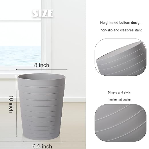 UUJOLY Small Bathroom Trash Can Wastebasket, Plastic Garbage Bin Container Basket for Bathrooms, Laundry Room, Kitchens, Offices, Kids Rooms, Dorms, Gery, 1.8 Gallon/2 Pack