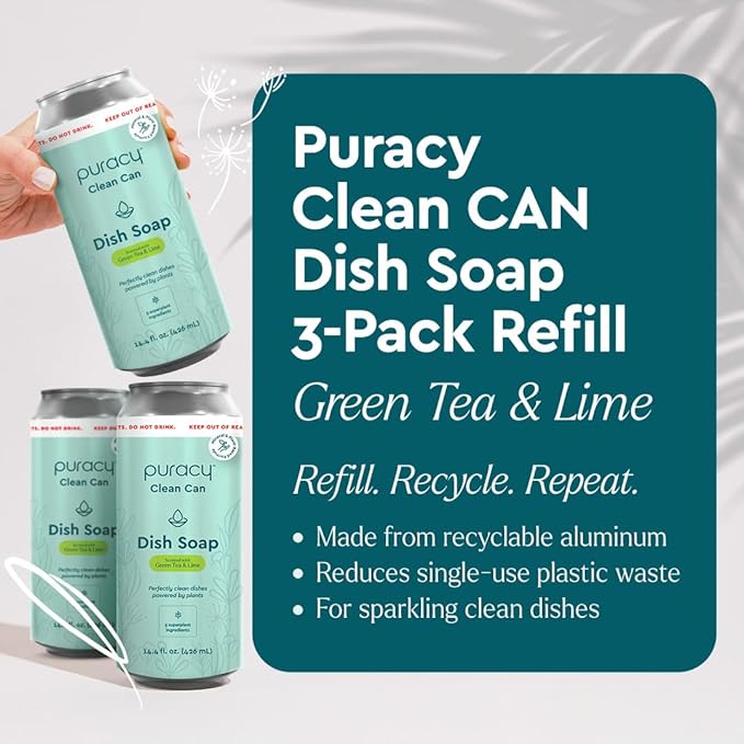 Puracy Natural Dish Soap Clean Can Refill - Plant-Based Dishwashing Soap, Non-Toxic Dish Soap, Natural Liquid Dishwashing Detergent Soap As Seen on TikTok (Green Tea & Lime, 14.4 fl oz, 3 Pack)