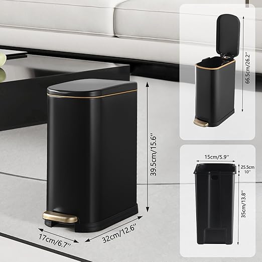 Bathroom Trash Can with Soft-Close Lid 3.5 Gallon Stainless Steel Garbage Can with Removable Inner Bucket Slim Trash Bins for Bedroom, Office (Matte Black)