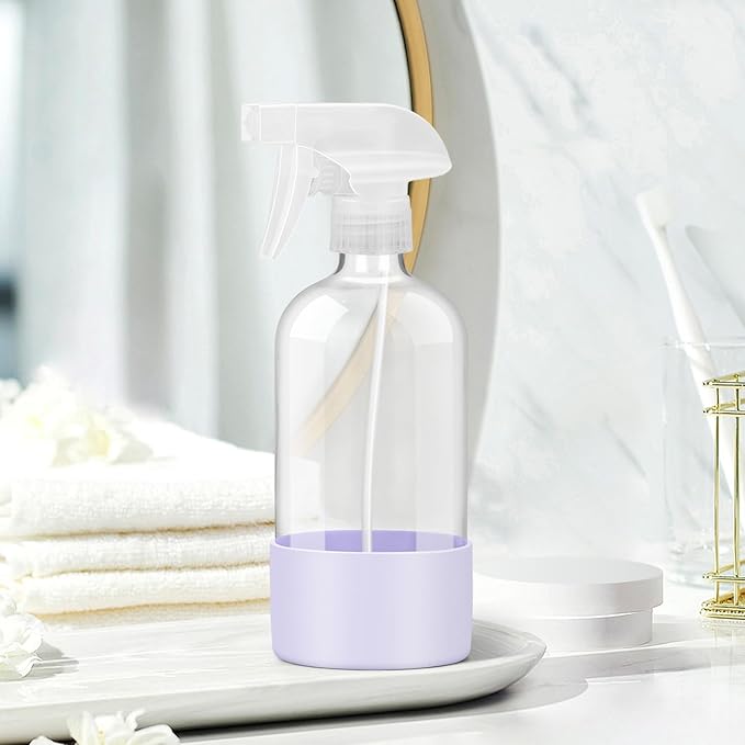 Glass Spray Bottles with Silicone Sleeve Protection, Empty 16 oz Refillable Containers, Reusable Spray Bottles with Adjustable Nozzle for Hair, Cleaning Solutions, 1 Pack Purple