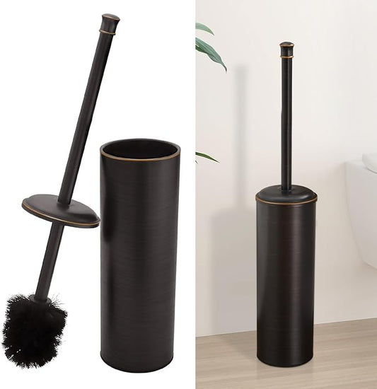 BESy Toilet Brush and Holder, Toilet Cleaner Bowl Set with Two Brush with Extra Long Handle, Durable Bristles Toilet Scrubber and Covered Holder, Drip-Proof Stainless Steel Oil Rubbed Bronze