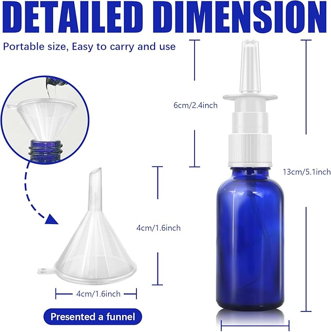 Cupohus Nasal Spray Bottle, 3 Pcs 30ML/1oz Cobalt Blue Glass Refillable Fine Mist Sprayers Atomizers, Travel Sized, Empty Nasal Sprayer with Funnels and Labels