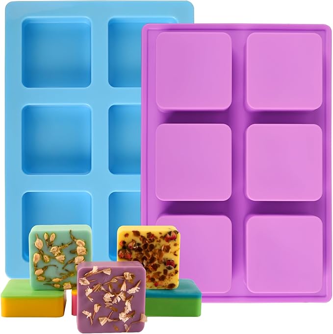 Sakolla 2 Pack Silicone Soap Molds for Soap Making, Reusable 6 Cavity Square Silicone Molds for Homemade Soap, Cake, Bread, Ice Cube