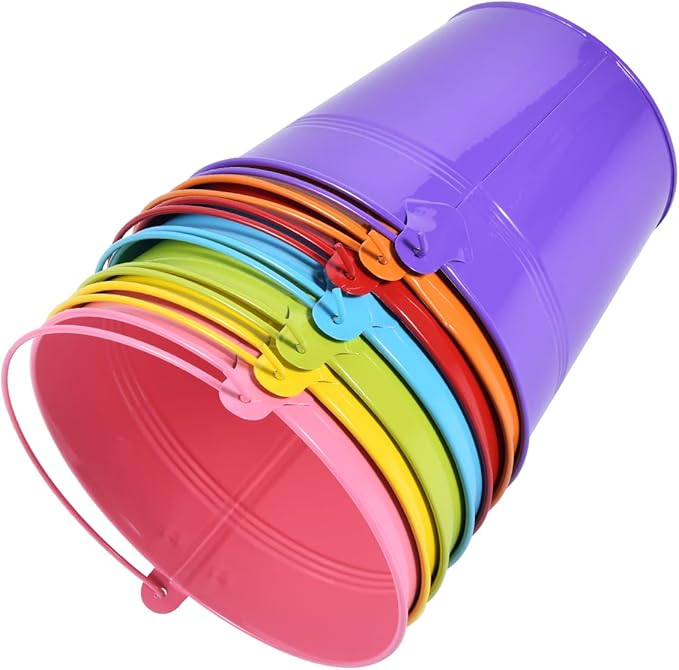 OBTANIM 7 Pack Colorful Metal Buckets with Handle Galvanized Ice Pails for Plants, Succulents, Party Favors Organizing, Rustic Home Decor or Classrooms Pencil Storage (6 x 4.4 inch)