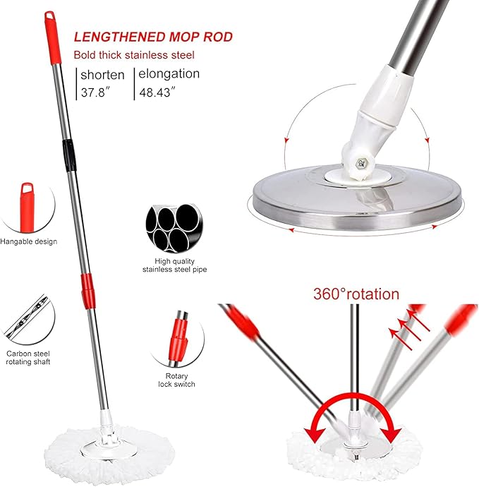 Mop and Bucket Set, 360° Spin Mop and Bucket with Wringer Set and 3 Microfiber Mop Refills, Stainless Steel 61" Extended Handle Spinning Mop Bucket System for Floor Cleaning