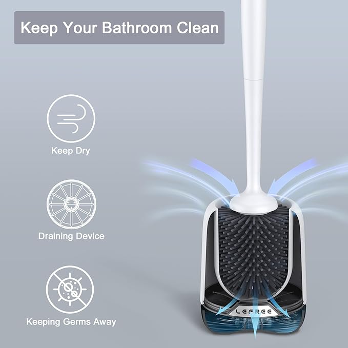 Lefree Silicone Toilet Brush,Rubber Toilet Bowl Brush and Holder Set with Ventilated Holder, Toilet Cleaner Brush for Bathroom,Floor Standing & Wall Mounted Toilet Scrubber Without Drilling