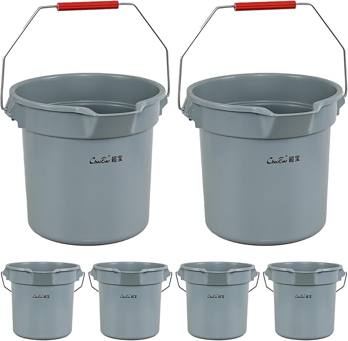 3.5 Gallon Industrial Bucket, Built-in Spout w/Handle, Heavy-Duty Plastic Cleaning Bucket, 6 Pack (Gray)