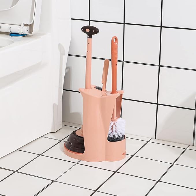Cq acrylic Toilet Brush and Plunger Set,Toilet Plunger and Brush Combo Bathroom Deeply Cleaning Tools,Bathroom Toilet Bowl Brush with Holder(Pink 1 Set)