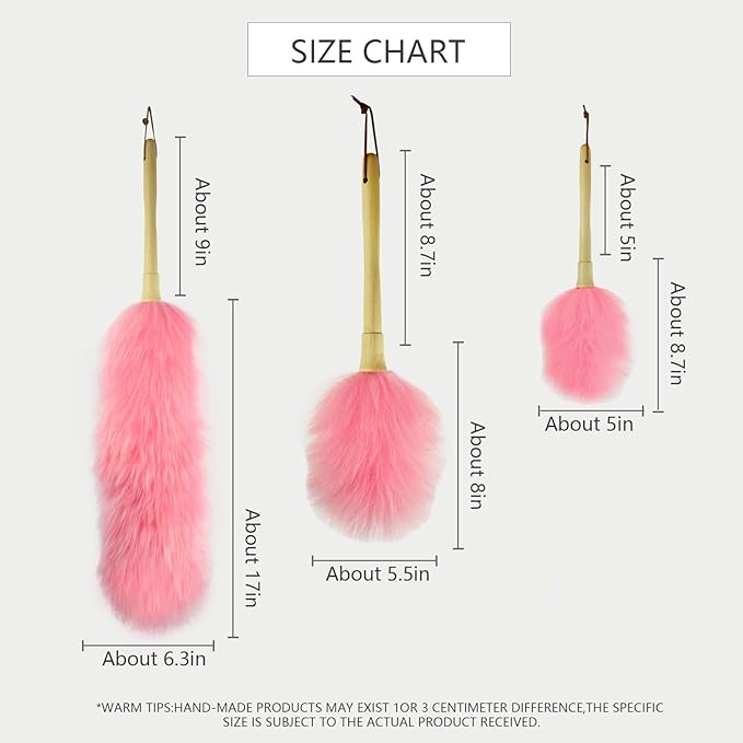 Lambswool Duster 14'' Length Solid Wooden Handle Leather Hang Strap for Cleaning Ceiling Fans Window Blinds Computer Furniture Figurines TV Natural Feather Duster,Pink