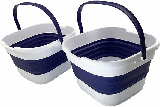 SAMMART 9.5L (2.5 Gallon) Collapsible Rectangular Handy Bucket (White/Navy Blue (Set of 2))