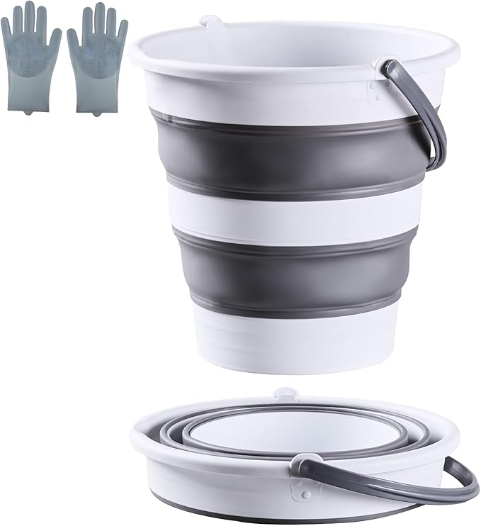 5L/1.3 Gal Small Collapsible Bucket with Handle - Portable Silicone Mop Bucket for Cleaning, Camping, Car Washing - Space-Saving for Outdoor, Fishing, Household – Pair of Silicone Gloves for Free