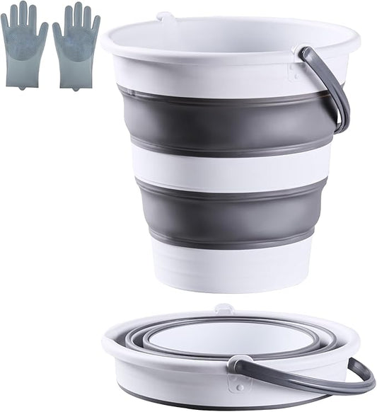 5L/1.3 Gal Small Collapsible Bucket with Handle - Portable Silicone Mop Bucket for Cleaning, Camping, Car Washing - Space-Saving for Outdoor, Fishing, Household – Pair of Silicone Gloves for Free