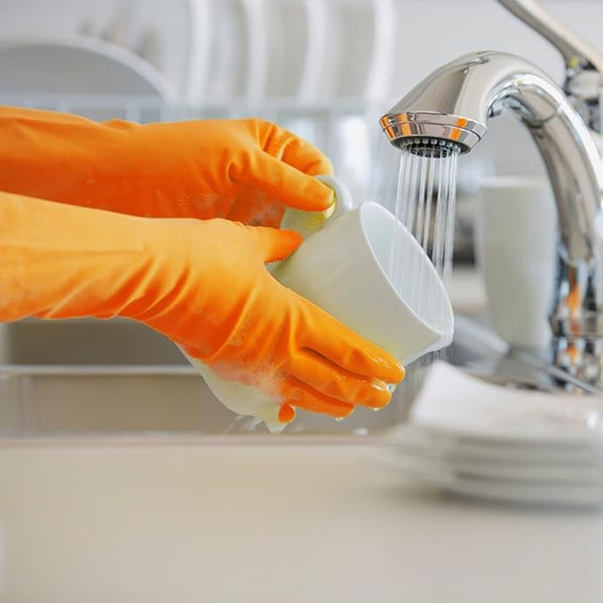 3 Pairs Rubber Cleaning Gloves Latex Free Dishwashing Gloves - 13" Reusable Nitrile Gloves Medium, Orange+Pink+Red
