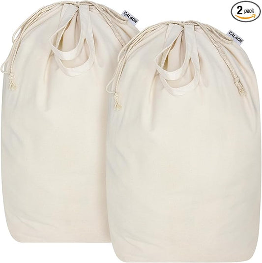 Canvas Laundry Bags with Handles & Square Base13.8"x 13.8", Large Heavy Duty Laundry Basket Hamper Liner, College Dorm Washable Drawstring Cotton Dirty Clothes Bag (Beige,2 Pack)