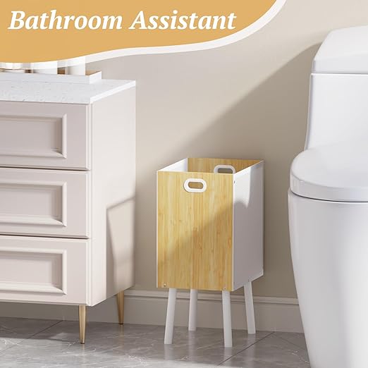 Small Trash Can Bamboo Waste Basket Garbage Can with Handles and Metal Mesh – Rectangular Wood Trash Can with Iron Frame & Legs, Cute Trash Bin for Living Room, Office, Bedroom, Bathroom, 4.5 Gallon