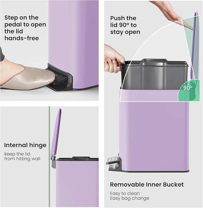 Cesun Small Bathroom Trash Can with Lid Soft Close, Step Pedal, 6 Liter / 1.6 Gallon Stainless Steel Garbage Can with Removable Inner Bucket, Anti-Fingerprint Finish (Purple)