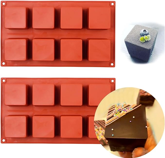 Large Square Silicone Molds, 2 Pack Candy Cake Mould, 8-Cavity Chocolate Molds for Baking Mousse Cake Dessert Cheesecake Pop Truffle Caramels Jelly Brownie for Party