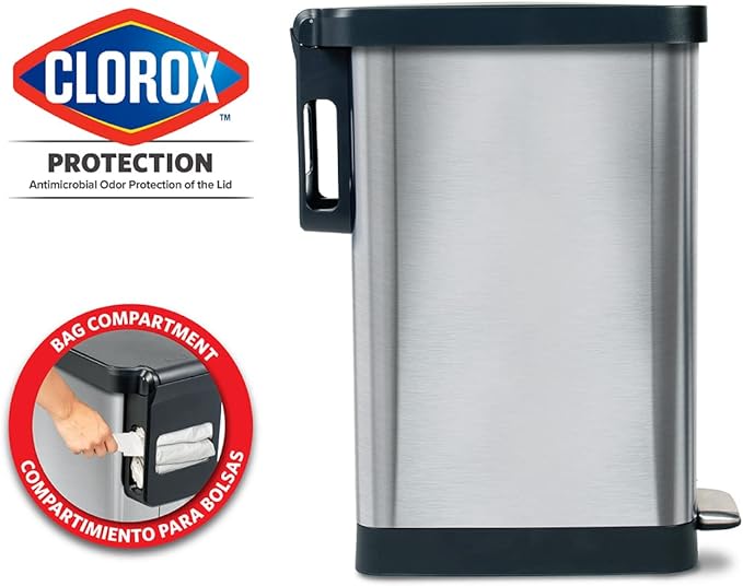 Glad Slim Trash Can with Clorox Odor Protection - Narrow Kitchen Garbage Bin with Soft Close Lid, Step On Foot Pedal and Waste Bag Roll Holder, Stainless Steel, 45 Liter