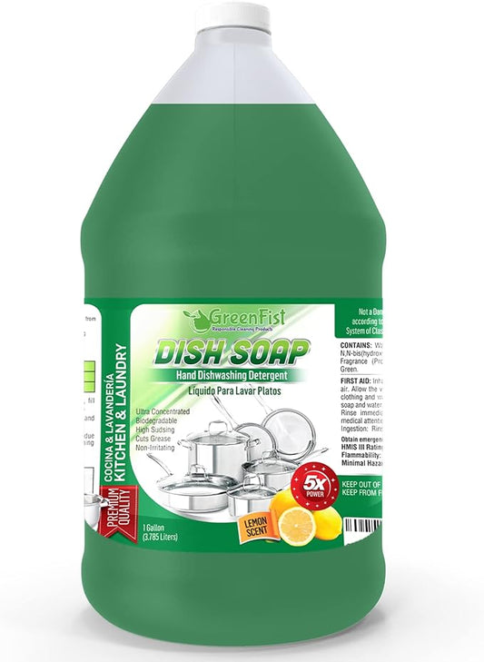 GreenFist Dish Soap Professional Detergent Liquid Pot & Pan Dish-Wash - Light or Heavy Use (Green Dish Soap 1 Gallon)