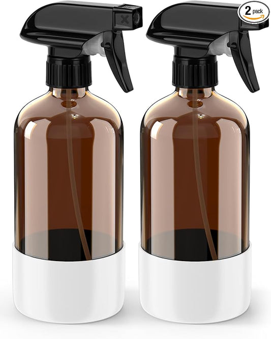 Glass Spray Bottle with Silicone Sleeve Protection, Amber Glass Spray Bottle Set for Window Cleaner Aromatherapy Facial Hydration Watering Flowers Hair Care 2 Pack/16 oz (White, 16 oz)
