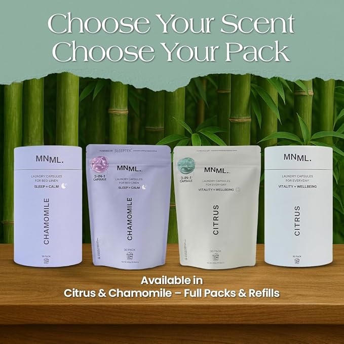 MNML Citrus Laundry Pods designed for Vitality & Wellbeing, Eco-Friendly Natural Laundry Detergent Pods for Sensitive Skin. No Plastic, Natural Bio-Enzymes, Luxury Fragrance, 30ct Capsules, Refill Bag
